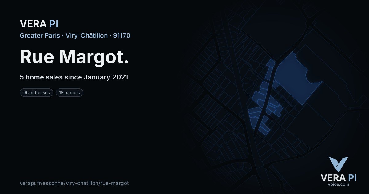 Rue Margot, Viry-Châtillon at night – every parcel coloured by the prices around it, the street's own parcels lit