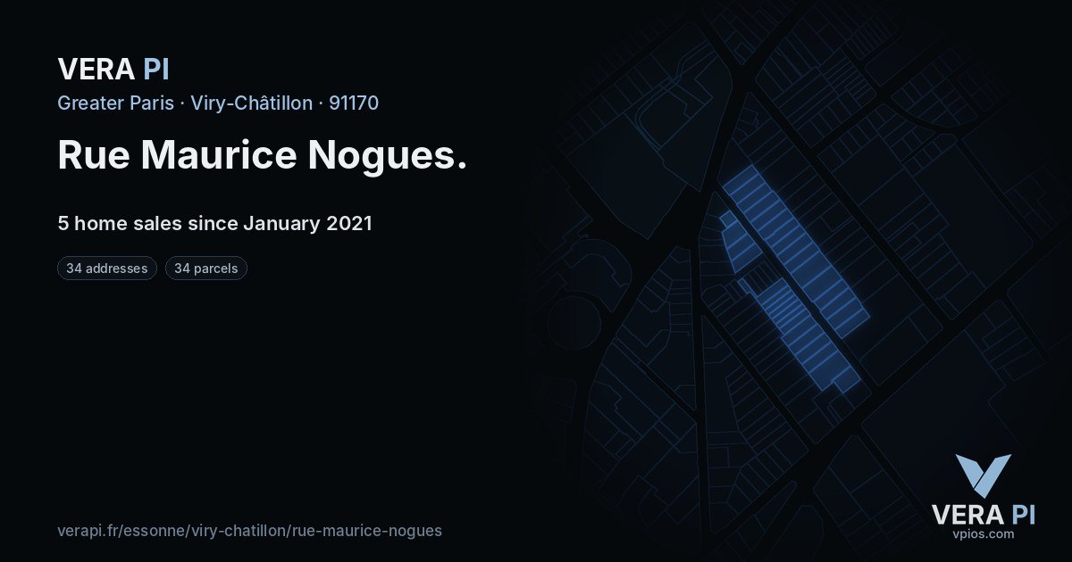 Rue Maurice Nogues, Viry-Châtillon at night – every parcel coloured by the prices around it, the street's own parcels lit