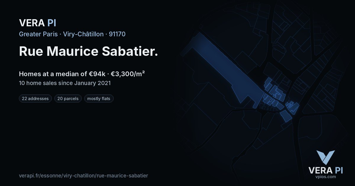 Rue Maurice Sabatier, Viry-Châtillon at night – every parcel coloured by the prices around it, the street's own parcels lit