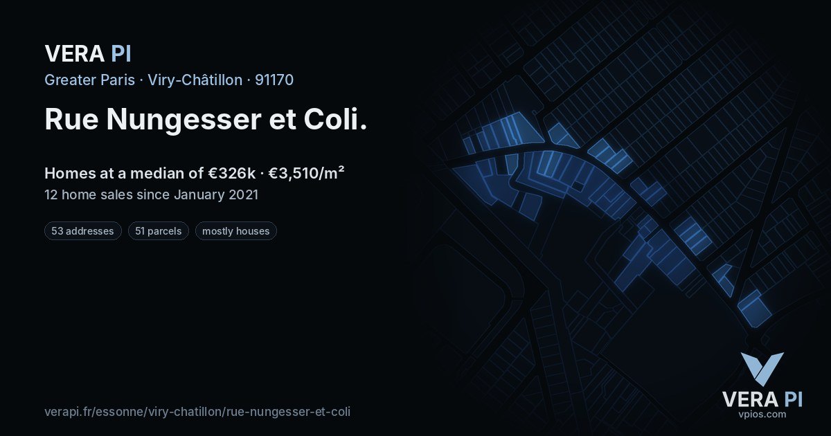 Rue Nungesser et Coli, Viry-Châtillon at night – every parcel coloured by the prices around it, the street's own parcels lit