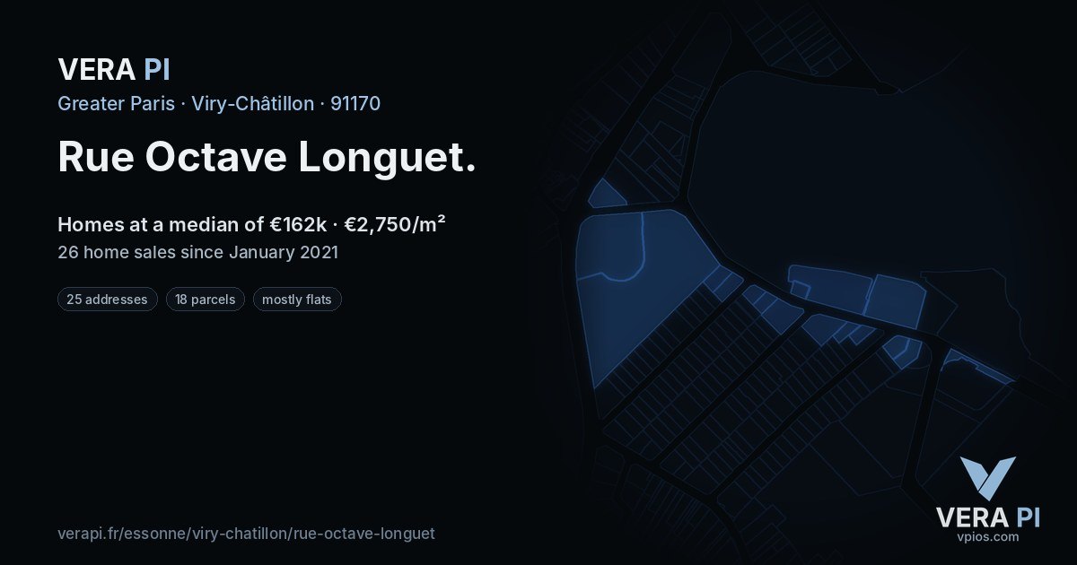 Rue Octave Longuet, Viry-Châtillon at night – every parcel coloured by the prices around it, the street's own parcels lit
