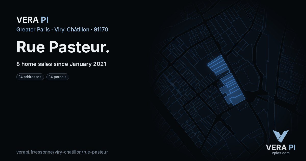 Rue Pasteur, Viry-Châtillon at night – every parcel coloured by the prices around it, the street's own parcels lit