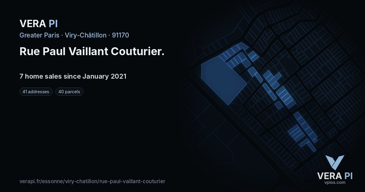 Rue Paul Vaillant Couturier, Viry-Châtillon at night – every parcel coloured by the prices around it, the street's own parcels lit