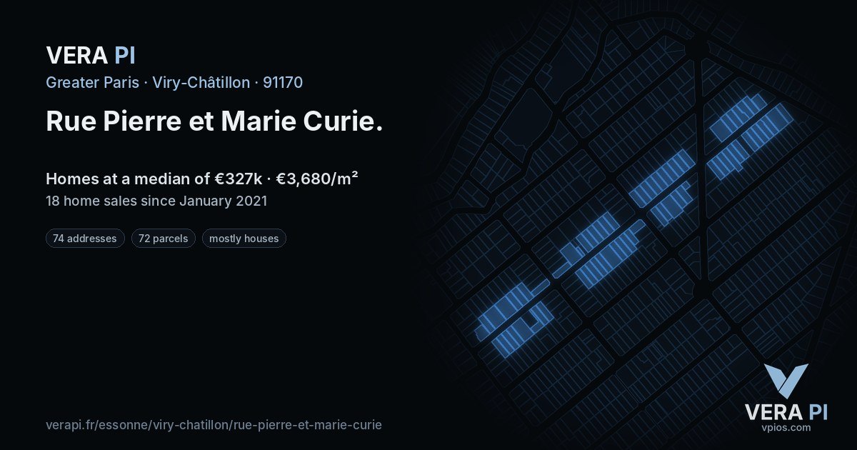Rue Pierre et Marie Curie, Viry-Châtillon at night – every parcel coloured by the prices around it, the street's own parcels lit