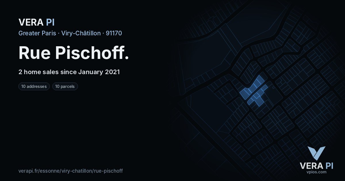 Rue Pischoff, Viry-Châtillon at night – every parcel coloured by the prices around it, the street's own parcels lit