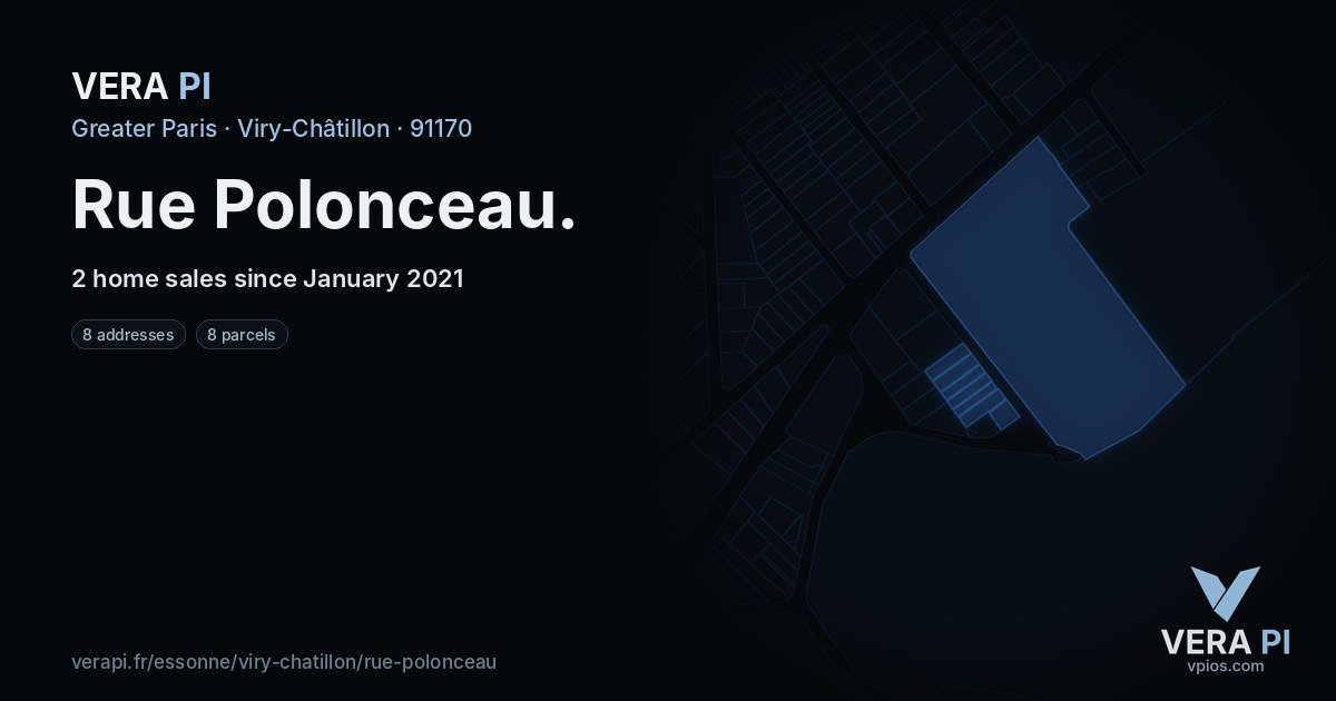 Rue Polonceau, Viry-Châtillon at night – every parcel coloured by the prices around it, the street's own parcels lit