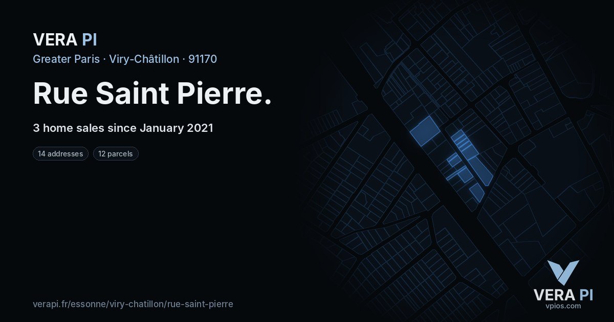 Rue Saint Pierre, Viry-Châtillon at night – every parcel coloured by the prices around it, the street's own parcels lit