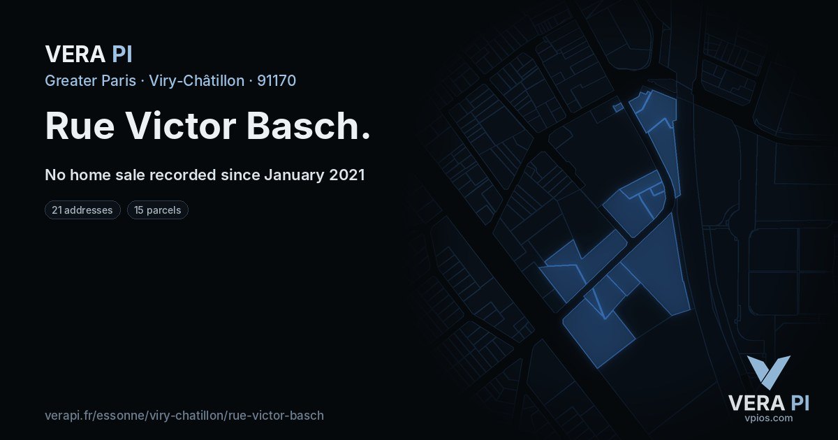 Rue Victor Basch, Viry-Châtillon at night – every parcel coloured by the prices around it, the street's own parcels lit