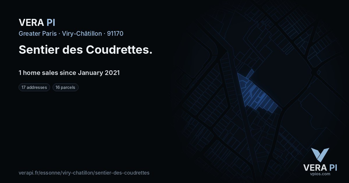 Sentier des Coudrettes, Viry-Châtillon at night – every parcel coloured by the prices around it, the street's own parcels lit