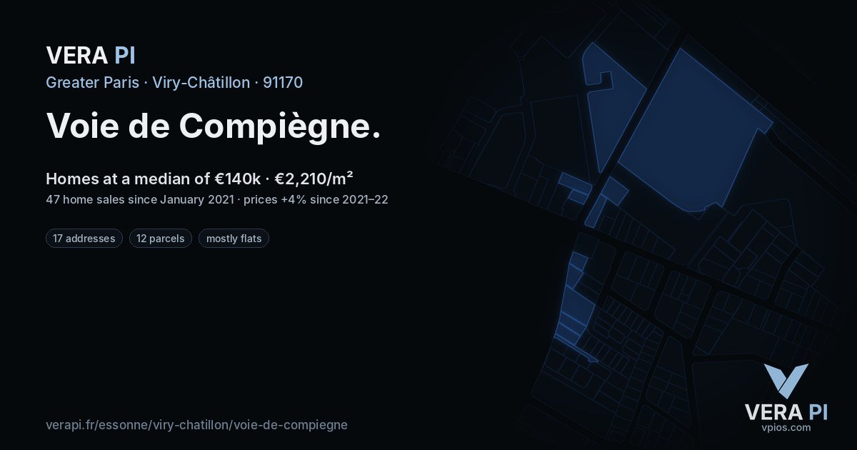 Voie de Compiègne, Viry-Châtillon at night – every parcel coloured by the prices around it, the street's own parcels lit