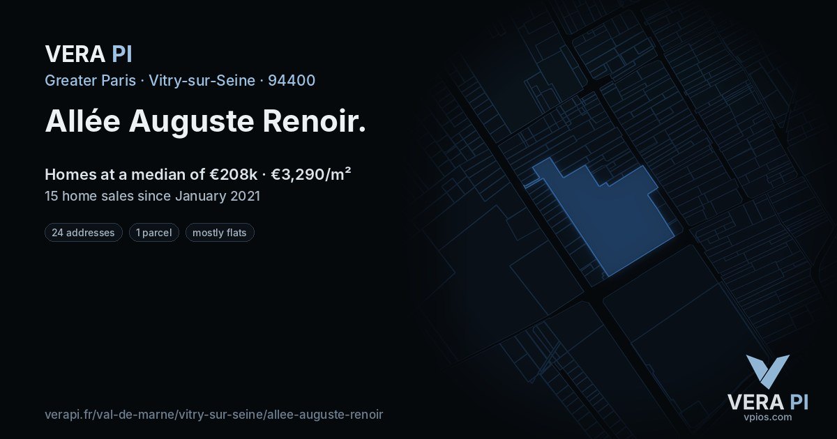 Allée Auguste Renoir, Vitry-sur-Seine at night – every parcel coloured by the prices around it, the street's own parcels lit