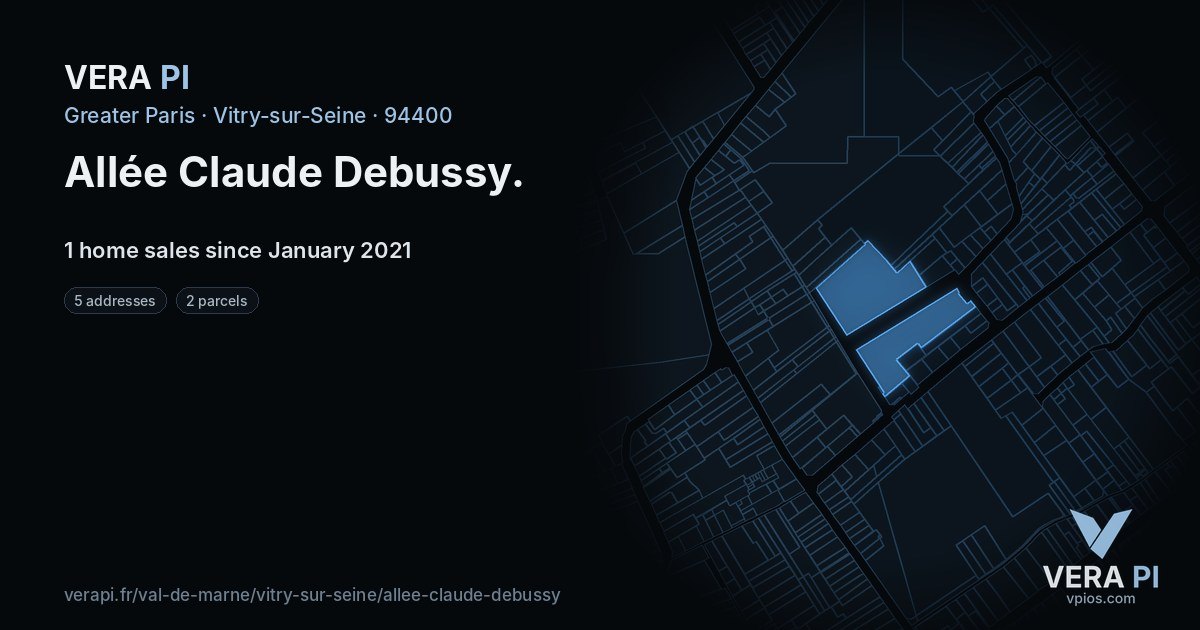 Allée Claude Debussy, Vitry-sur-Seine at night – every parcel coloured by the prices around it, the street's own parcels lit
