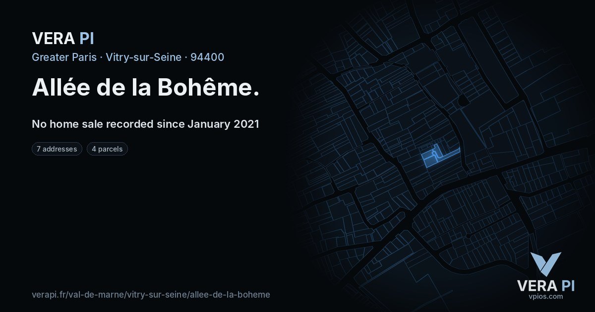 Allée de la Bohême, Vitry-sur-Seine at night – every parcel coloured by the prices around it, the street's own parcels lit