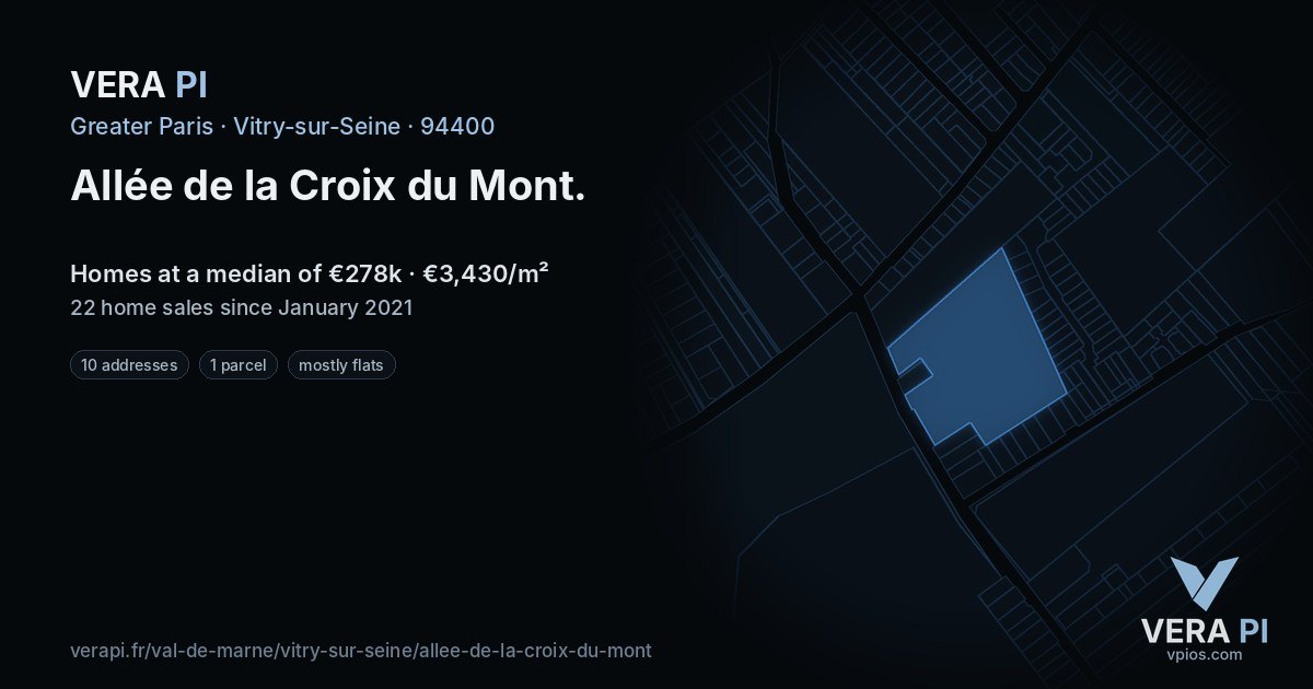 Allée de la Croix du Mont, Vitry-sur-Seine at night – every parcel coloured by the prices around it, the street's own parcels lit