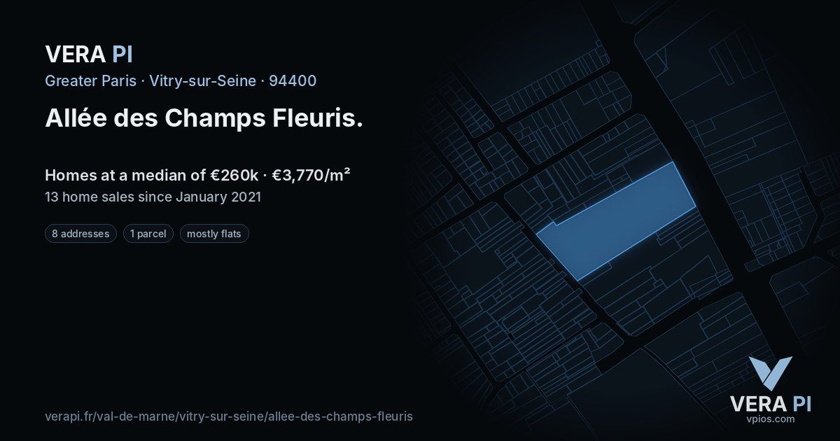Allée des Champs Fleuris, Vitry-sur-Seine at night – every parcel coloured by the prices around it, the street's own parcels lit