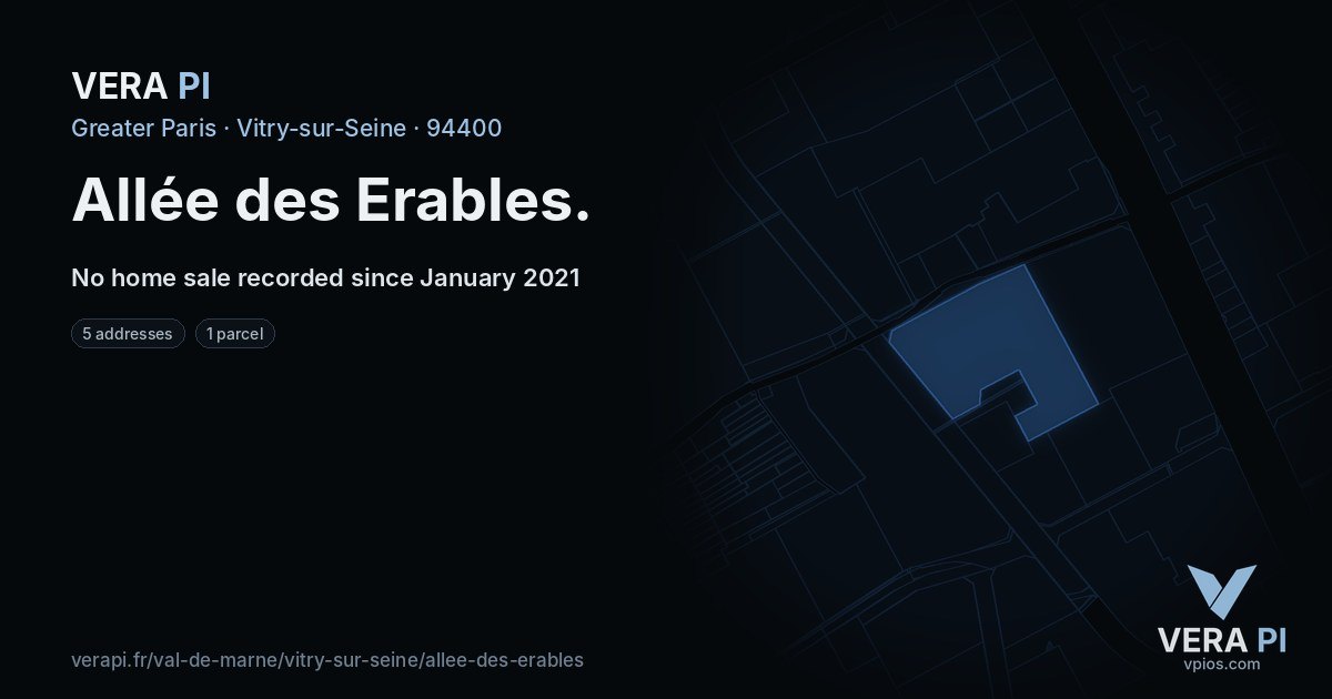 Allée des Erables, Vitry-sur-Seine at night – every parcel coloured by the prices around it, the street's own parcels lit