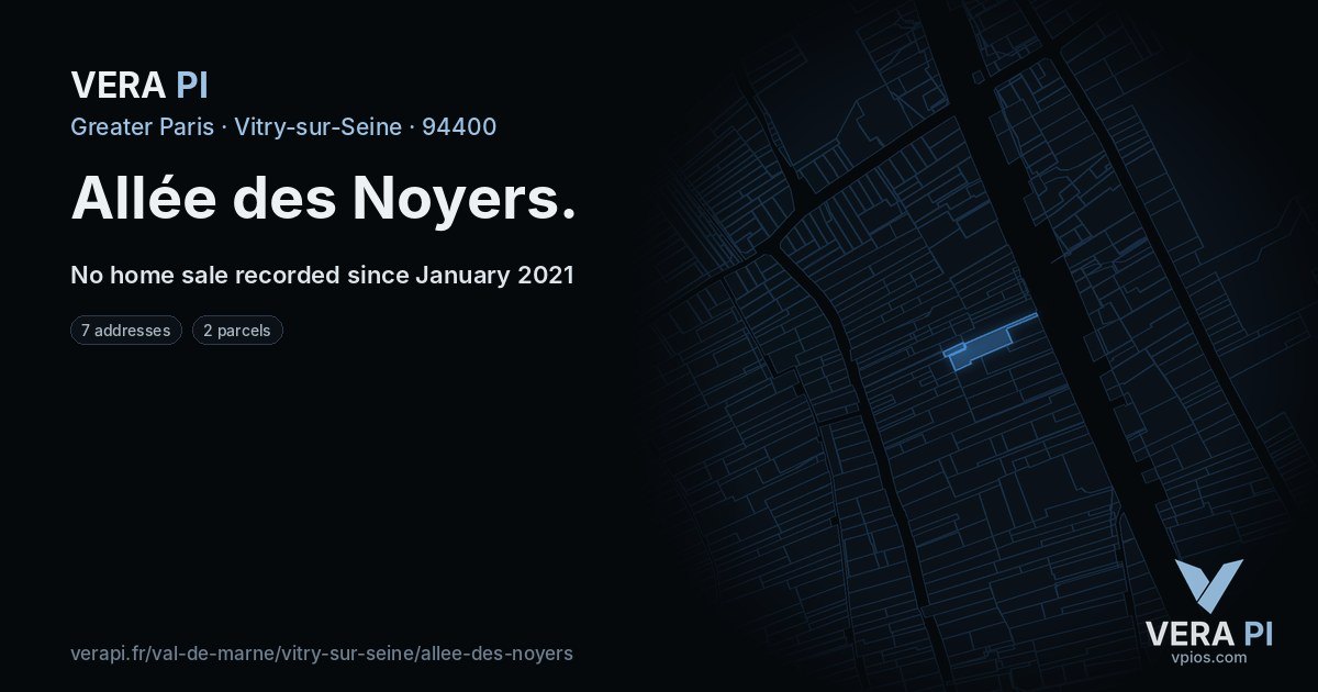 Allée des Noyers, Vitry-sur-Seine at night – every parcel coloured by the prices around it, the street's own parcels lit