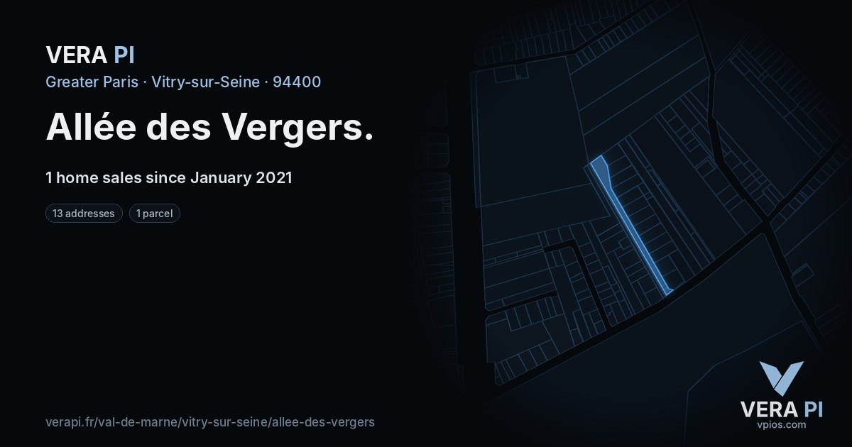 Allée des Vergers, Vitry-sur-Seine at night – every parcel coloured by the prices around it, the street's own parcels lit