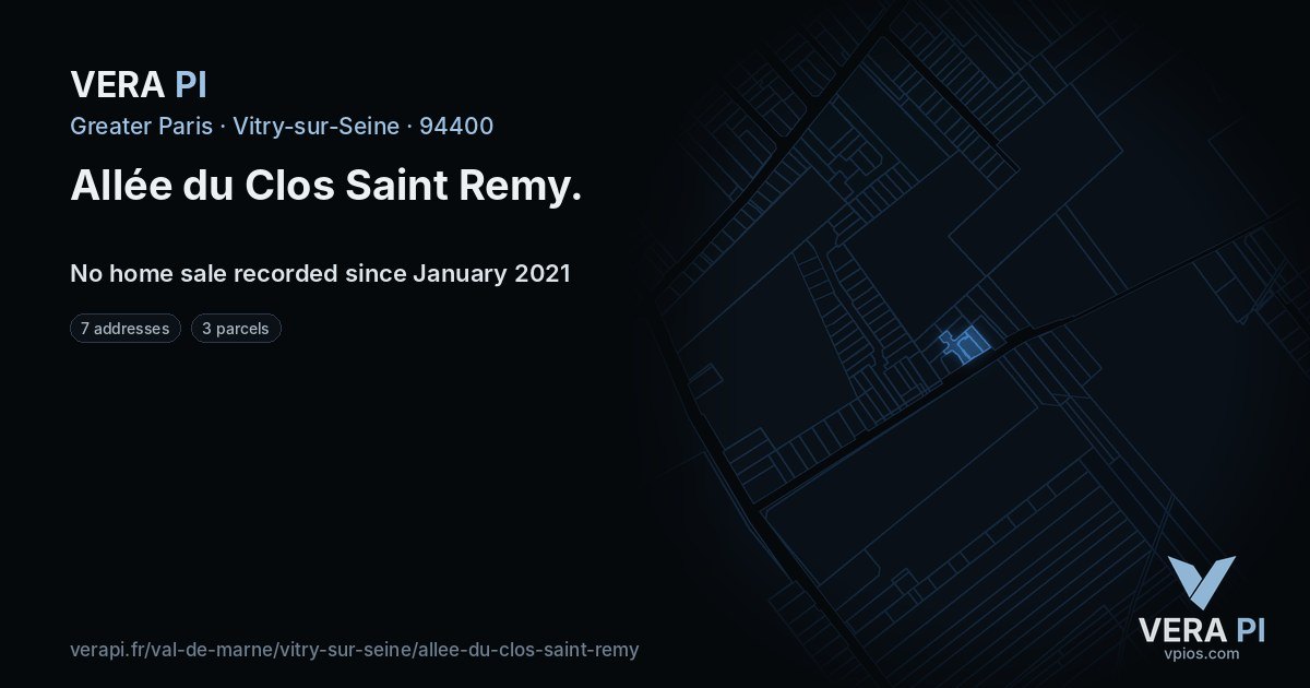 Allée du Clos Saint Remy, Vitry-sur-Seine at night – every parcel coloured by the prices around it, the street's own parcels lit