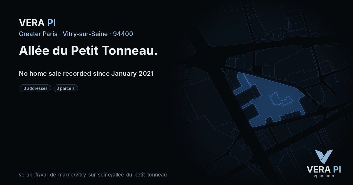 Allée du Petit Tonneau, Vitry-sur-Seine at night – every parcel coloured by the prices around it, the street's own parcels lit