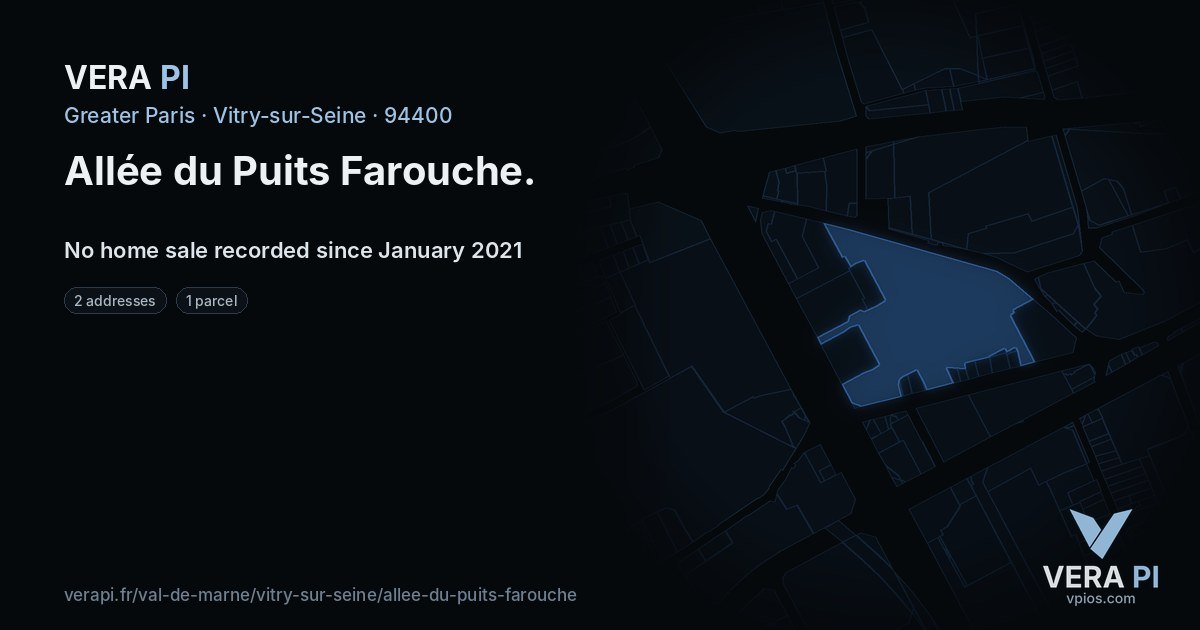 Allée du Puits Farouche, Vitry-sur-Seine at night – every parcel coloured by the prices around it, the street's own parcels lit