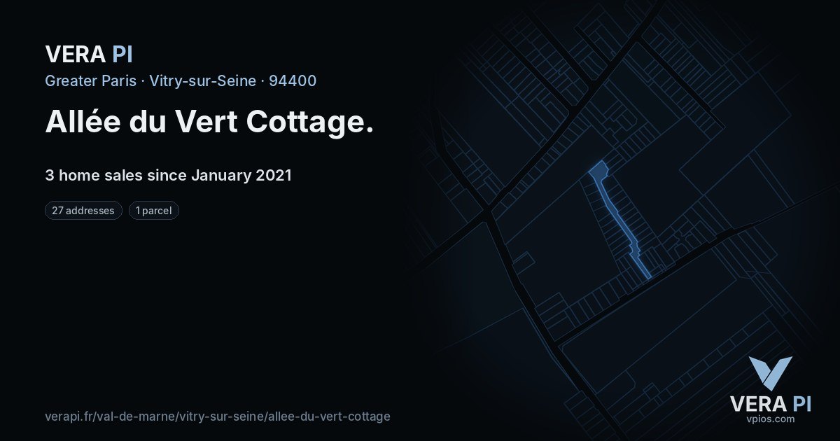 Allée du Vert Cottage, Vitry-sur-Seine at night – every parcel coloured by the prices around it, the street's own parcels lit