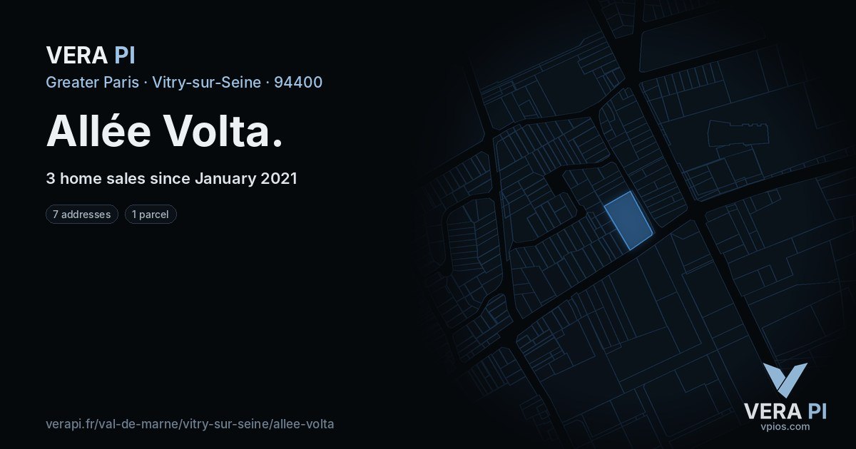 Allée Volta, Vitry-sur-Seine at night – every parcel coloured by the prices around it, the street's own parcels lit
