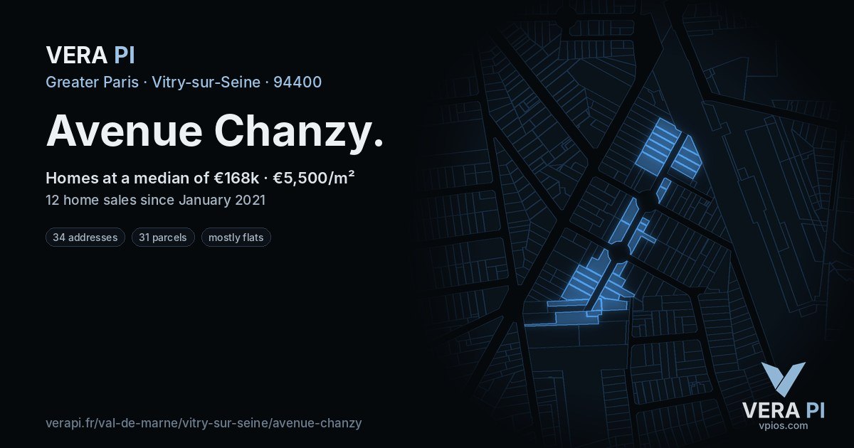 Avenue Chanzy, Vitry-sur-Seine at night – every parcel coloured by the prices around it, the street's own parcels lit