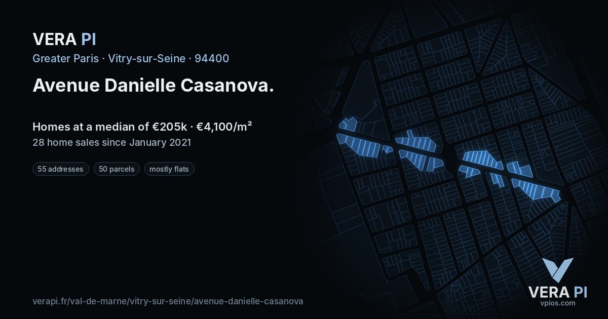 Avenue Danielle Casanova, Vitry-sur-Seine at night – every parcel coloured by the prices around it, the street's own parcels lit