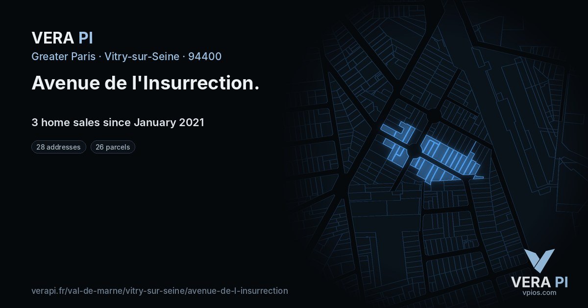 Avenue de l'Insurrection, Vitry-sur-Seine at night – every parcel coloured by the prices around it, the street's own parcels lit