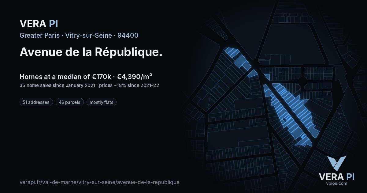Avenue de la République, Vitry-sur-Seine at night – every parcel coloured by the prices around it, the street's own parcels lit