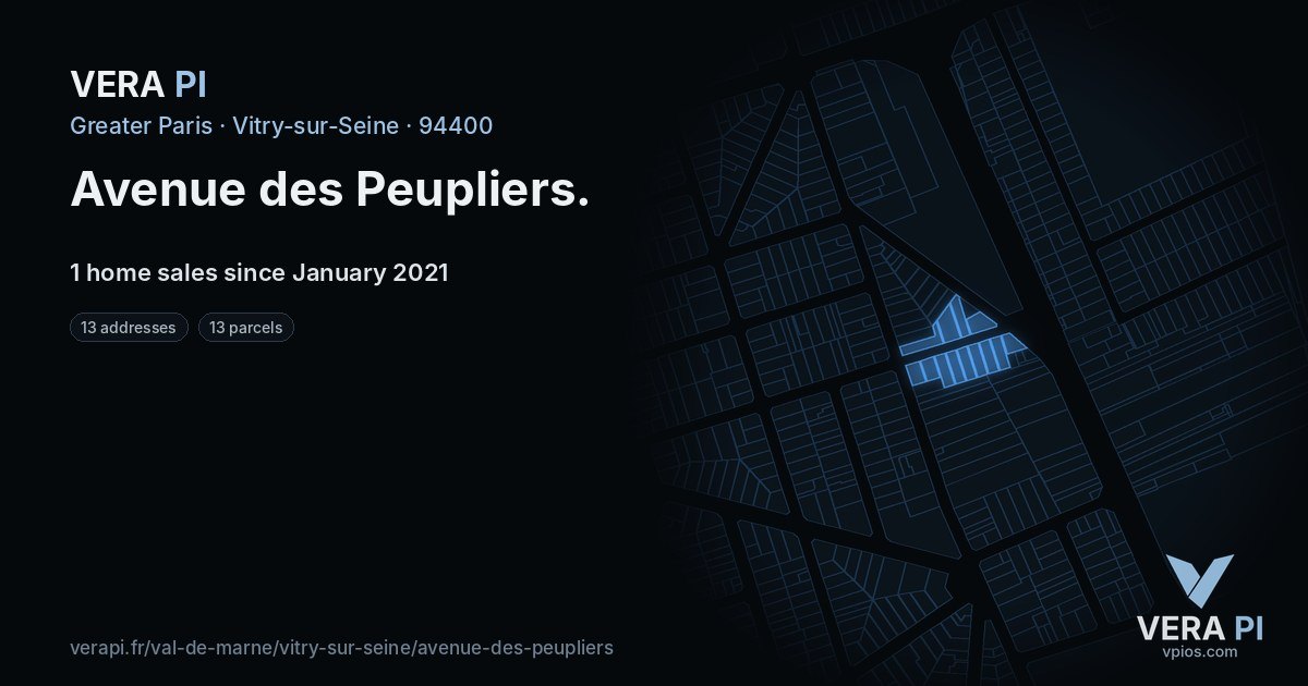 Avenue des Peupliers, Vitry-sur-Seine at night – every parcel coloured by the prices around it, the street's own parcels lit