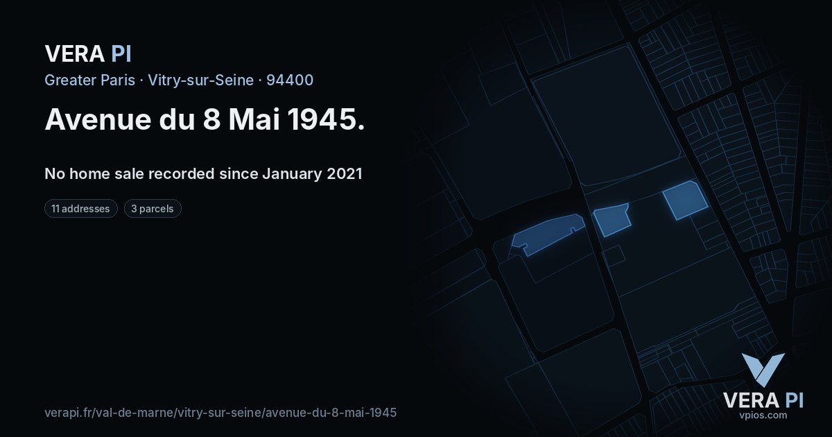 Avenue du 8 Mai 1945, Vitry-sur-Seine at night – every parcel coloured by the prices around it, the street's own parcels lit