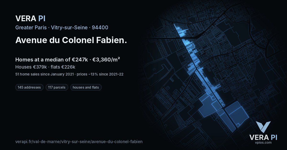 Avenue du Colonel Fabien, Vitry-sur-Seine at night – every parcel coloured by the prices around it, the street's own parcels lit