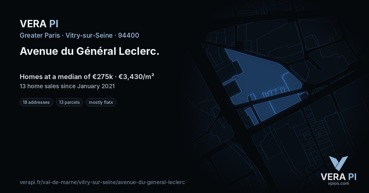 Avenue du Général Leclerc, Vitry-sur-Seine at night – every parcel coloured by the prices around it, the street's own parcels lit