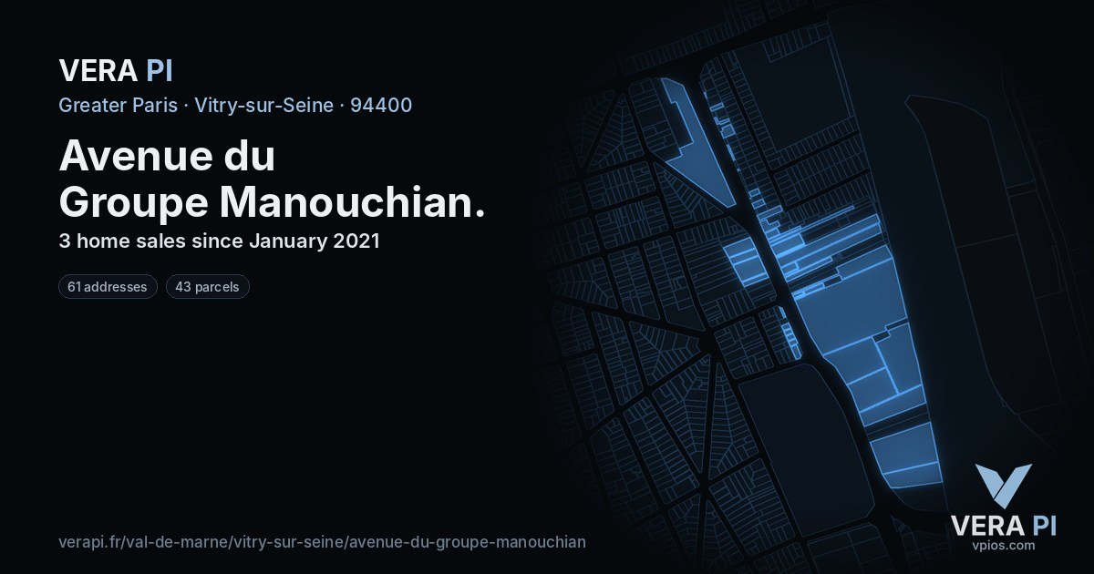 Avenue du Groupe Manouchian, Vitry-sur-Seine at night – every parcel coloured by the prices around it, the street's own parcels lit