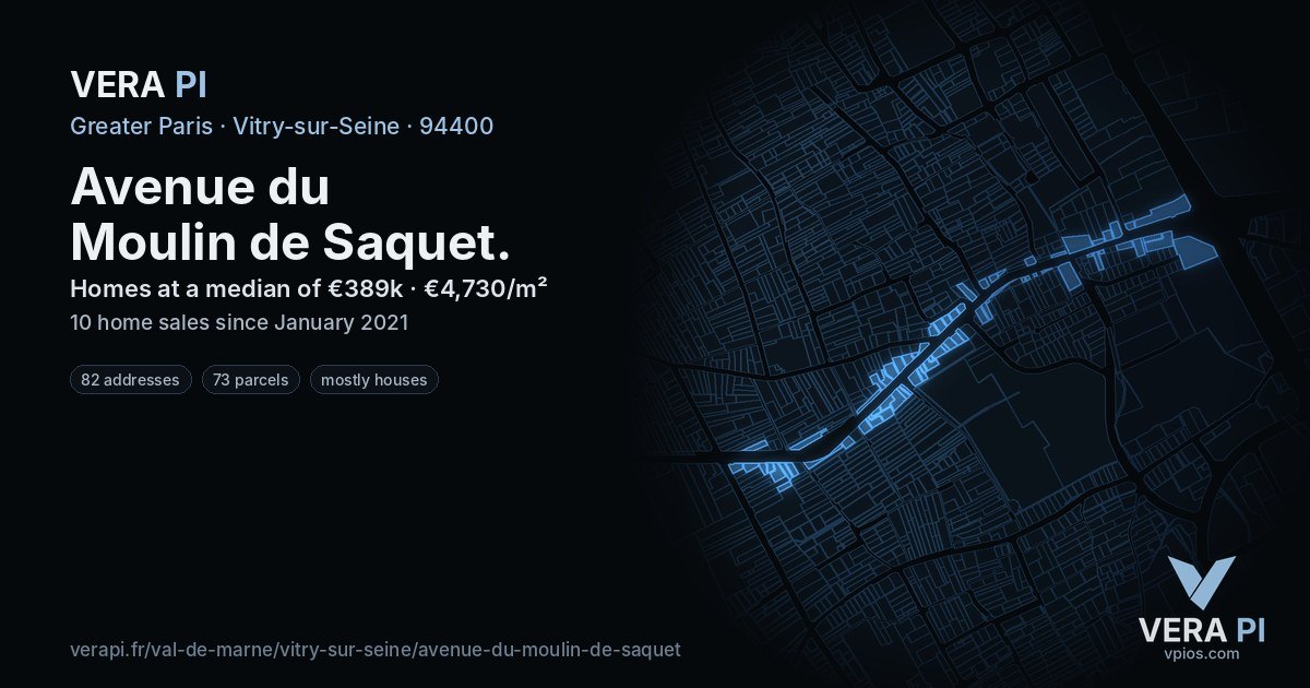 Avenue du Moulin de Saquet, Vitry-sur-Seine at night – every parcel coloured by the prices around it, the street's own parcels lit
