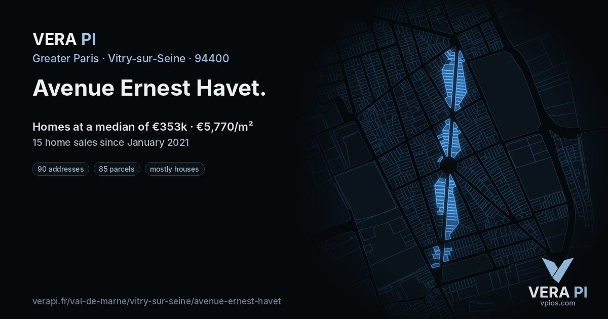 Avenue Ernest Havet, Vitry-sur-Seine at night – every parcel coloured by the prices around it, the street's own parcels lit