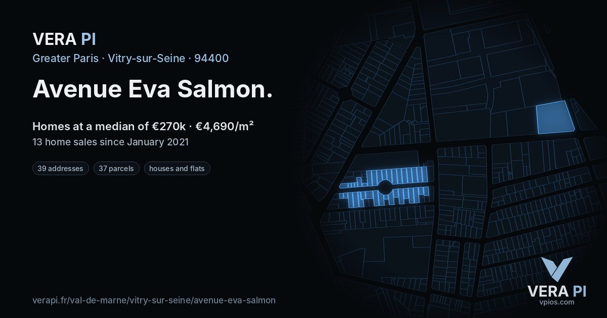 Avenue Eva Salmon, Vitry-sur-Seine at night – every parcel coloured by the prices around it, the street's own parcels lit
