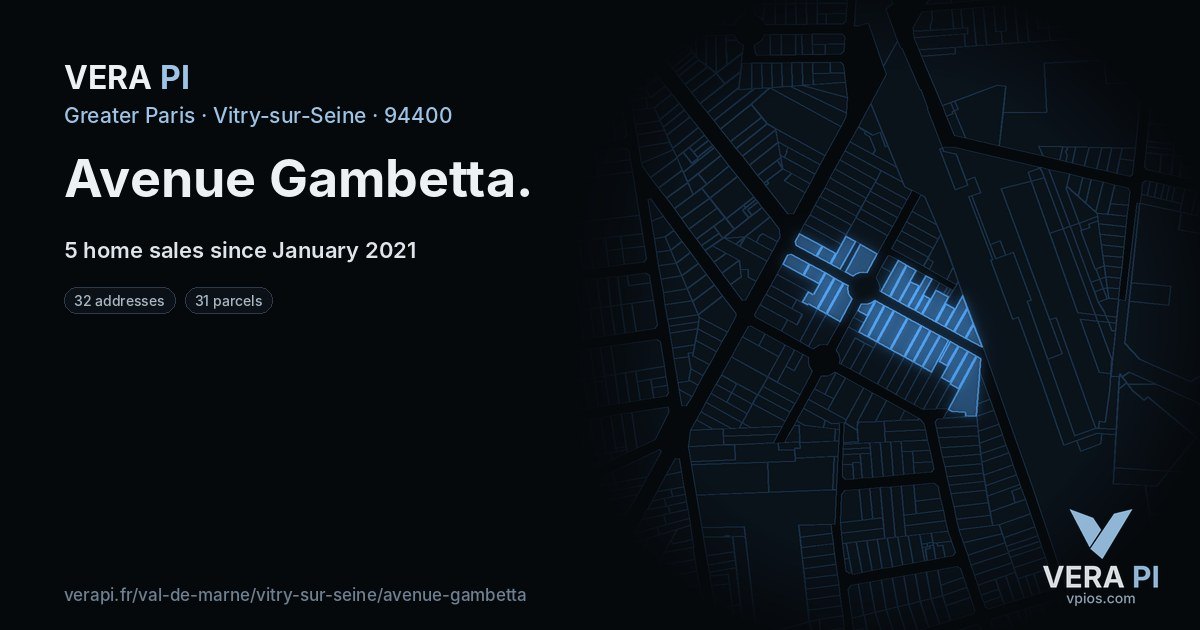 Avenue Gambetta, Vitry-sur-Seine at night – every parcel coloured by the prices around it, the street's own parcels lit