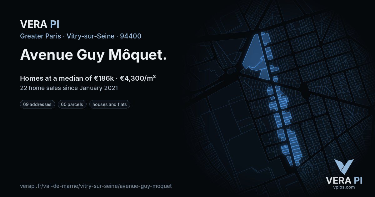 Avenue Guy Môquet, Vitry-sur-Seine at night – every parcel coloured by the prices around it, the street's own parcels lit