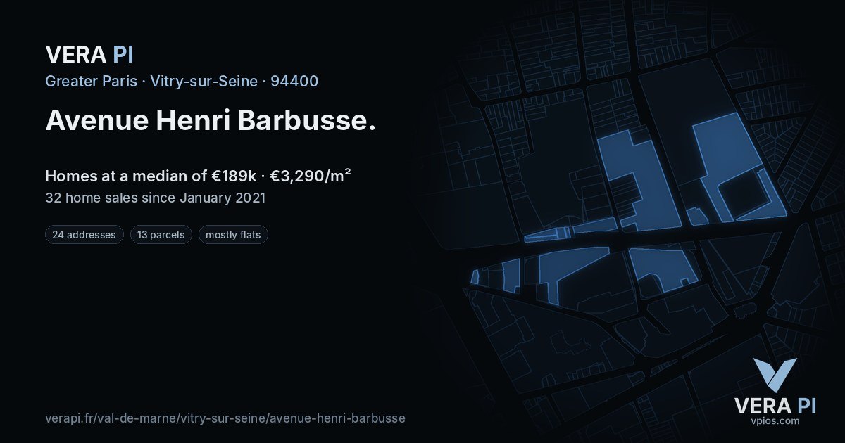Avenue Henri Barbusse, Vitry-sur-Seine at night – every parcel coloured by the prices around it, the street's own parcels lit