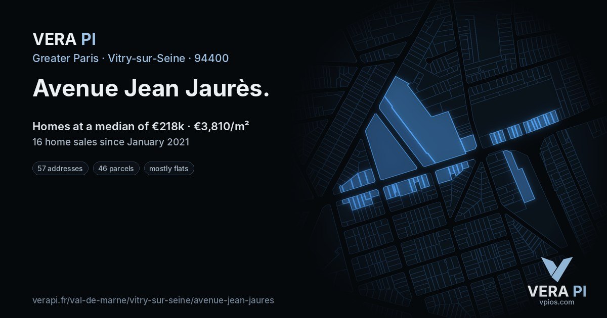 Avenue Jean Jaurès, Vitry-sur-Seine at night – every parcel coloured by the prices around it, the street's own parcels lit