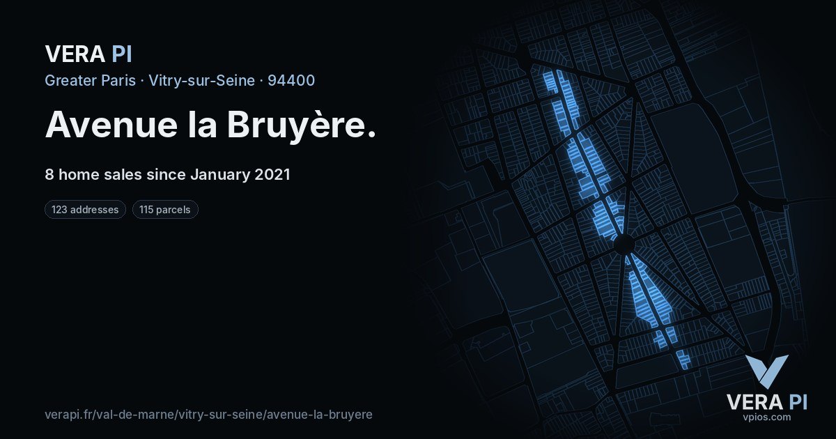 Avenue la Bruyère, Vitry-sur-Seine at night – every parcel coloured by the prices around it, the street's own parcels lit