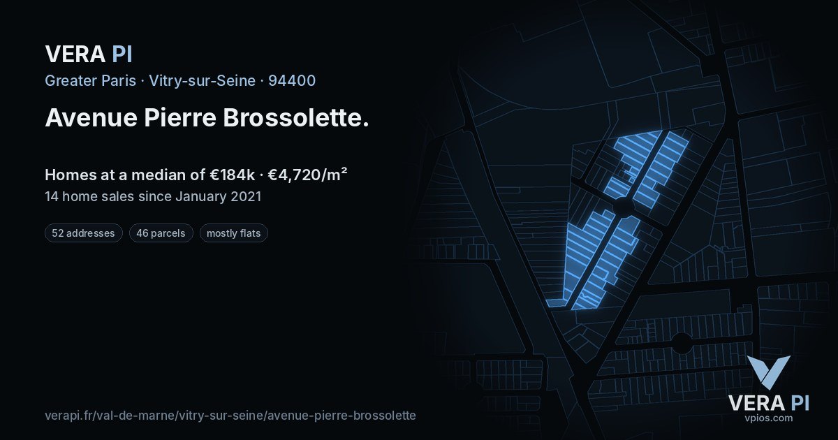 Avenue Pierre Brossolette, Vitry-sur-Seine at night – every parcel coloured by the prices around it, the street's own parcels lit