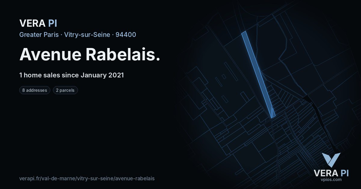 Avenue Rabelais, Vitry-sur-Seine at night – every parcel coloured by the prices around it, the street's own parcels lit