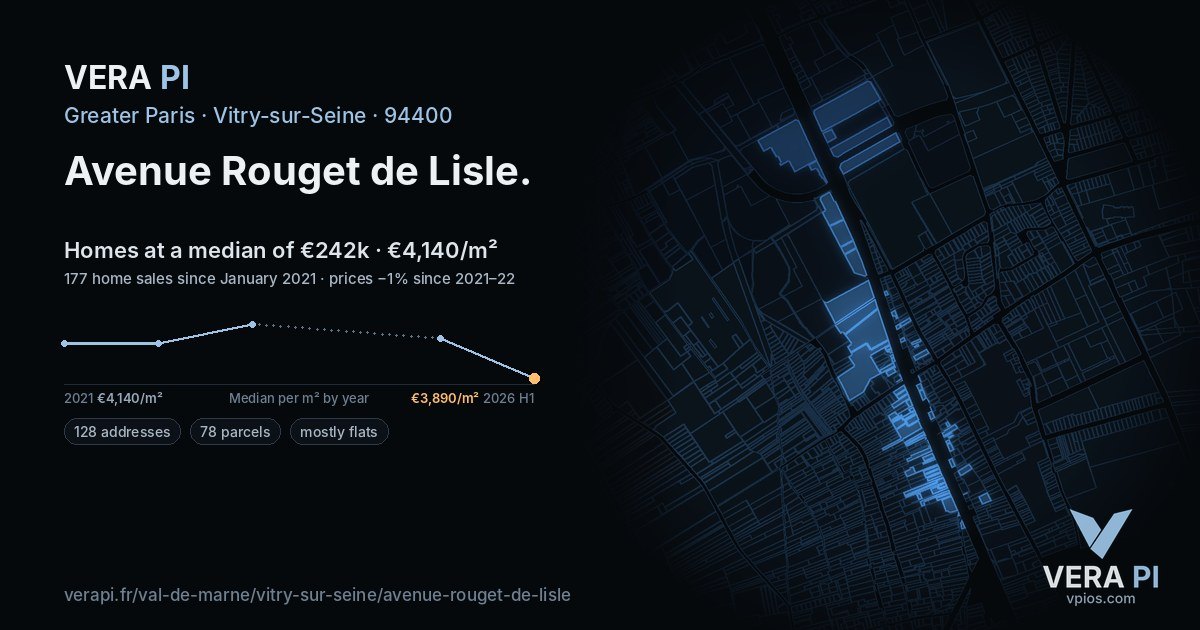 Avenue Rouget de Lisle, Vitry-sur-Seine at night – every parcel coloured by the prices around it, the street's own parcels lit