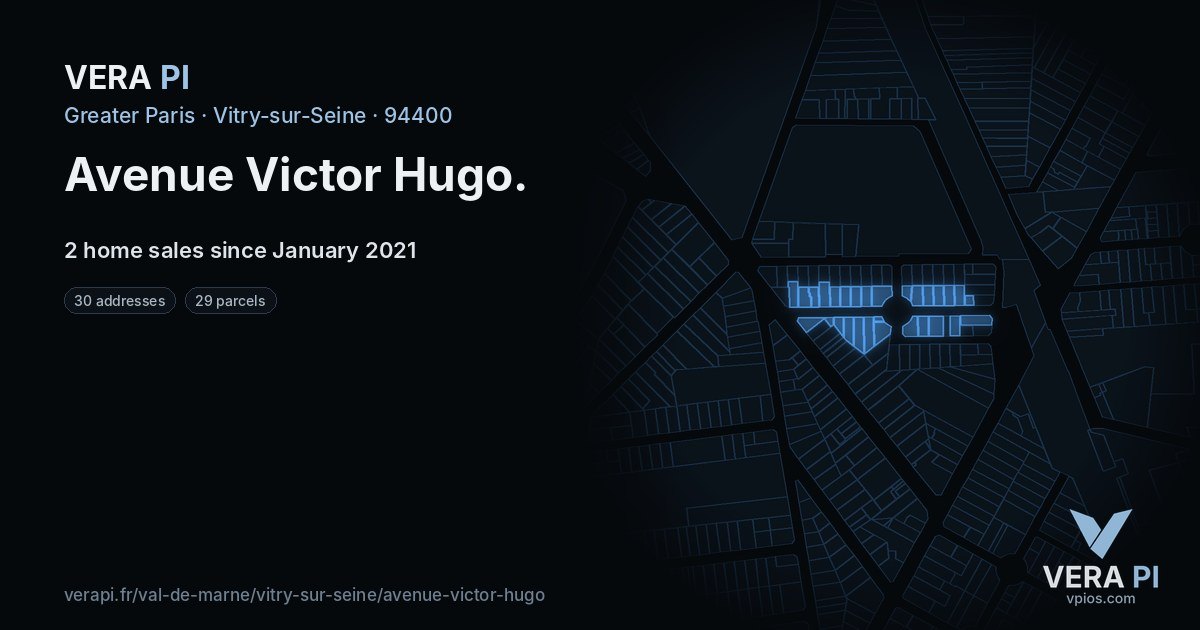 Avenue Victor Hugo, Vitry-sur-Seine at night – every parcel coloured by the prices around it, the street's own parcels lit