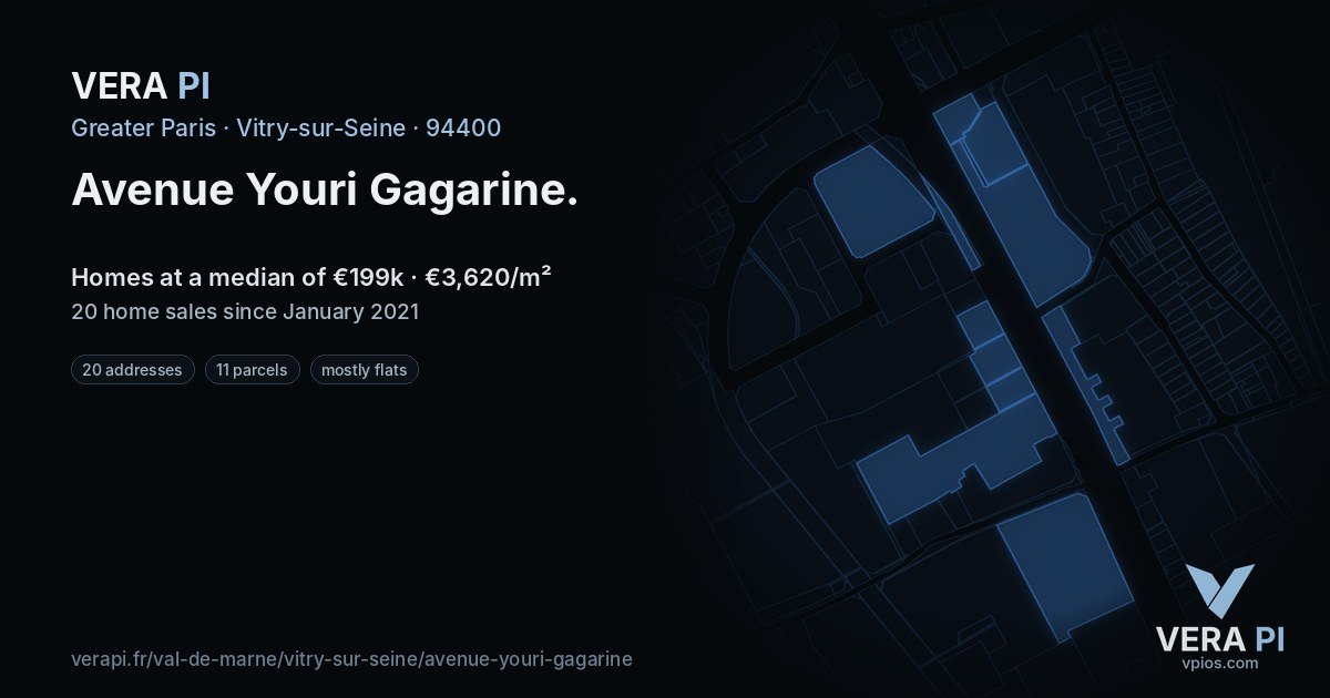 Avenue Youri Gagarine, Vitry-sur-Seine at night – every parcel coloured by the prices around it, the street's own parcels lit