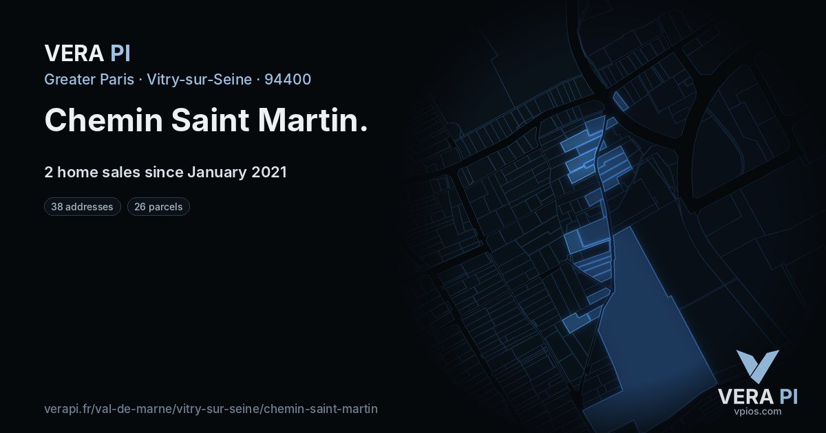 Chemin Saint Martin, Vitry-sur-Seine at night – every parcel coloured by the prices around it, the street's own parcels lit